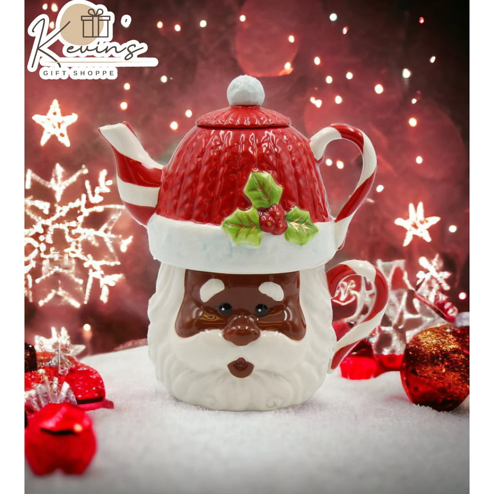 kevinsgiftshoppe Ceramic African American Christmas Santa Claus Tea For One, Gift for Her, Gift for Mom, Tea Party Dcor, Caf Dcor,