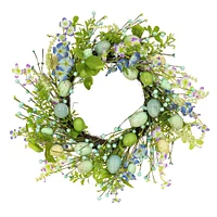 National Tree Company Artificial Spring Wreath, Woven Branch Base, Decorated with Blue Flower Blooms, Pastel Eggs, Berries, Easter Collection, 20 Inches