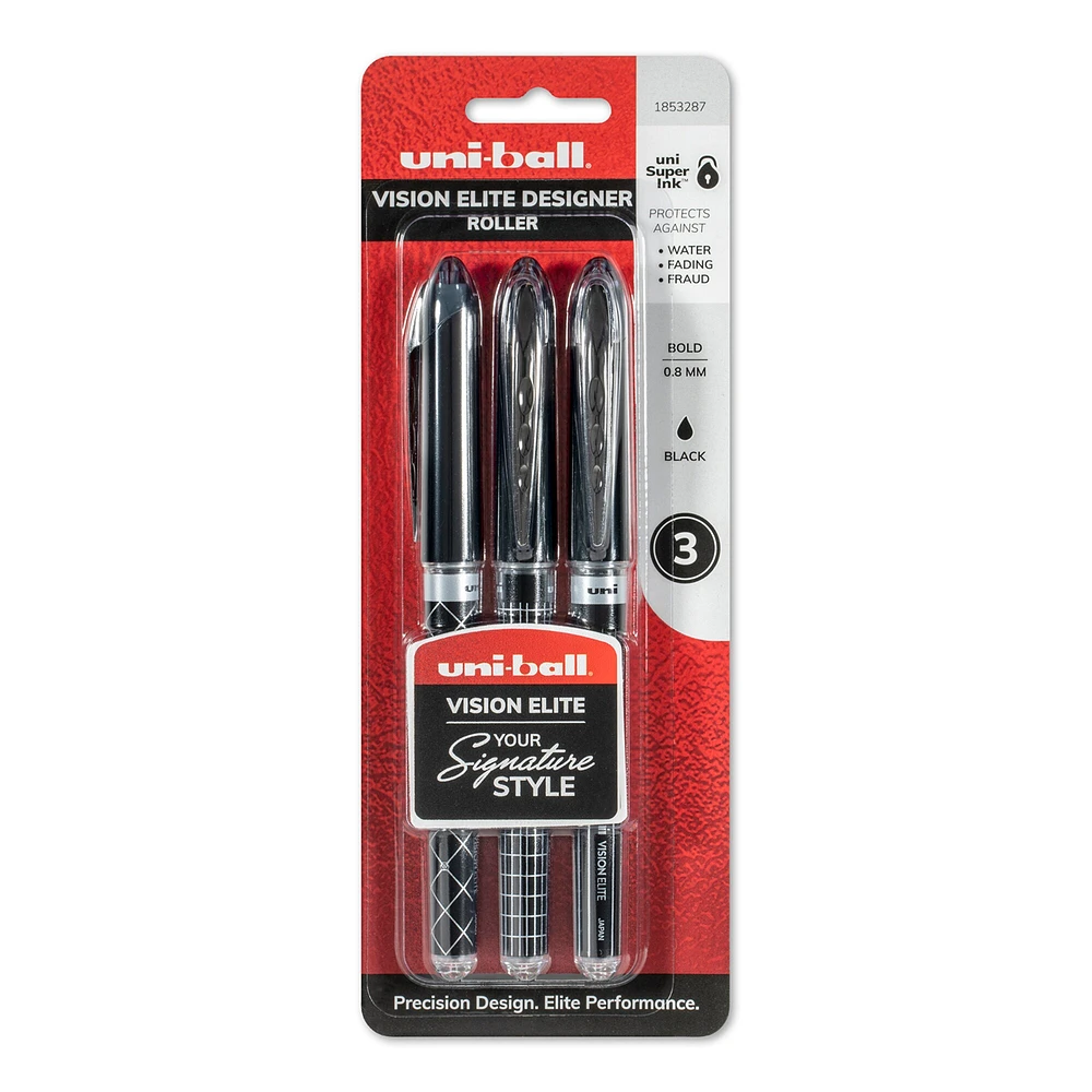 uni-ball Vision Elite Designer Rollerball Pen Set, .8mm,  3-Pens, Black