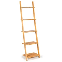 Costway 5-Tier Ladder Shelf Modern Bamboo Leaning Bookshelf Ladder Bookcase Open Display