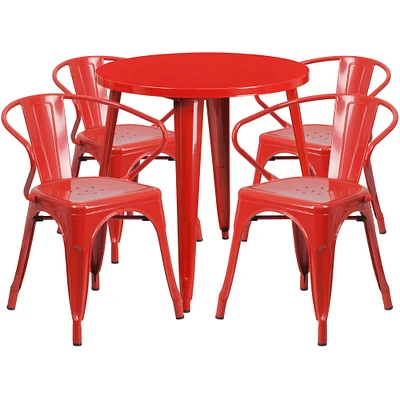 Emma and Oliver Commercial Grade 30" Round Metal Indoor-Outdoor Table Set with 4 Arm Chairs