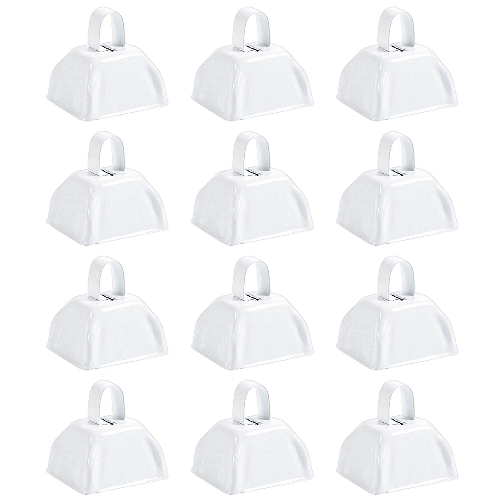 Set of 12 3-inch Cowbells with Handle, Hand Percussion Cow Bells Noise Makers for Sporting Events, Football Games (White)