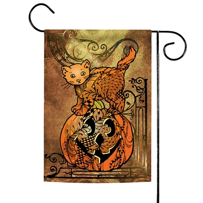 Toland Home Garden Brown Tangle Cat and Pumpkins Fall Outdoor Rectangular Mini Garden Flag 18" x 12.5"