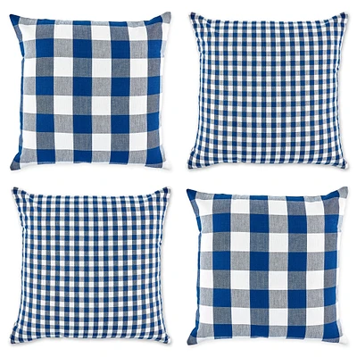 Contemporary Home Living Set of 4 Blue and White Gingham and Buffalo Check Pillow Cover, 18"