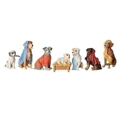 Roman 7-Piece White and Brown Dogs Nativity Set with Blanket Robes 10.75"