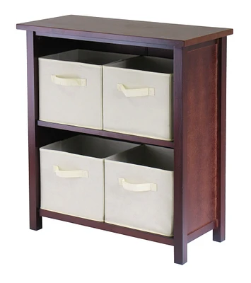 Contemporary Home Living 30” Brown Walnut and Beige Two Section Storage Shelf with Four Foldable Fabric Basket