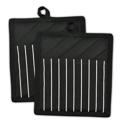 CC Home Furnishings Set of 2 Black and White Chef Stripe Potholders 9"