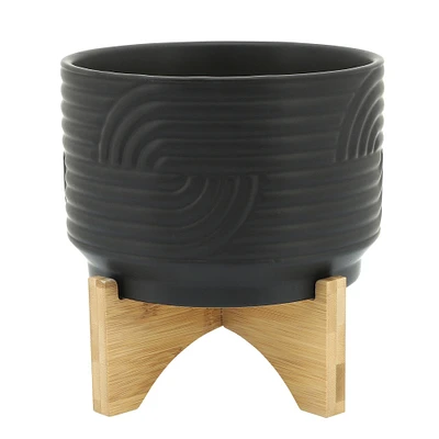 Kingston Living 7" Black Abstract Wave Ceramic Decorative Planter with Stand