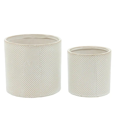Kingston Living Set of 2 White and Tan Brown Dotted Round Ceramic Planters 7"