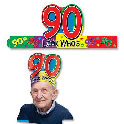 Beistle Club Pack of 24 Multi-Colored Adjustable ''Look Who's 90'' Headband Party Accessories