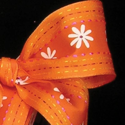 The Ribbon People Orange Mango and White Flower Wired Craft Ribbon 1.5" x 54 Yards