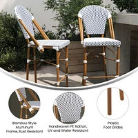 Merrick Lane Celia Set of Two Indoor/Outdoor Stacking French Bistro Counter Stools with White and Gray Patterned Seats and Backs & Bamboo Finished Metal Frames