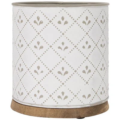 Northlight 6.5" White Round Embossed Utensil Storage Container with Wooden Base