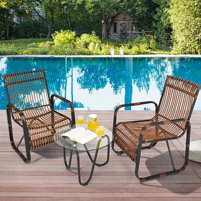 Gymax 3PCS Rattan Patio Conversation Set Bistro Furniture Set w/ Glass Table