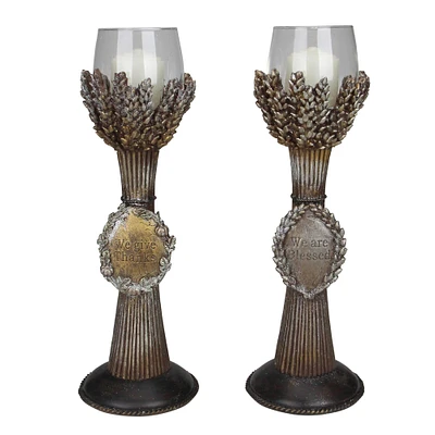 Roman Set of 2 Brown and Clear Blessed Thanksgiving Votive Candleholders 12.5"