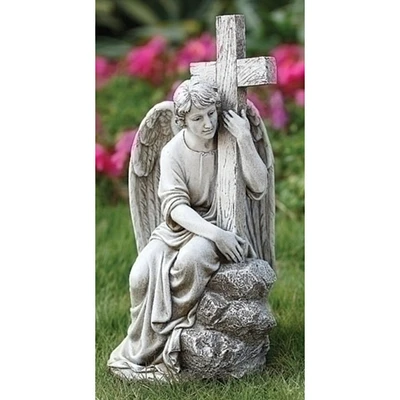 Roman 13" Seated Male Angel with Cross Religious Outdoor Garden Statue