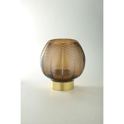 CC Home Furnishings 9.5" Brown and Gold Leaf Pattern Glass Bowl Vase