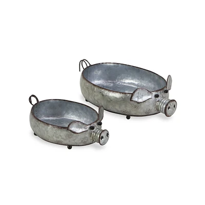 Contemporary Home Living Set of 2 Gray Handmade Galvanized Piglet Planter 14"