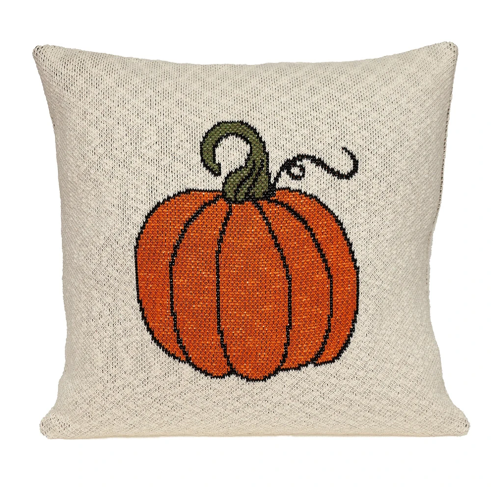 Nassau Collection 20" Beige and Orange Fall Harvest Pumpkin Knitted Throw Pillow