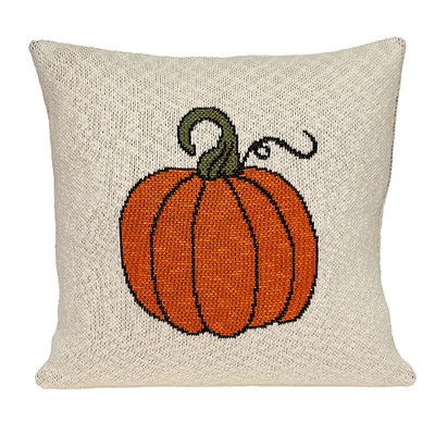 Nassau Collection 20" Beige and Orange Fall Harvest Pumpkin Knitted Throw Pillow