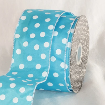 The Ribbon People Turquoise Blue and White Polka Dots Printed Wired Craft Ribbon 2.5" x 40 Yards