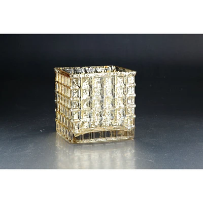 CC Home Furnishings 6" Gold Square Glass Block Votive Candle Holder