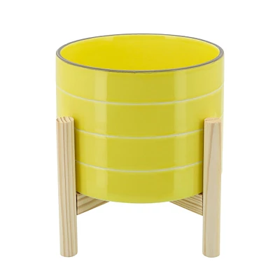 Kingston Living 8" Yellow Ceramic Striped Decorative Planter with Stand
