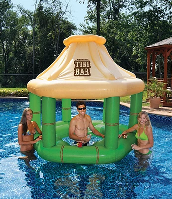 Swim Central 7.5' Cream and Green Tropical Inflatable Swimming Pool Floating Tiki Bar