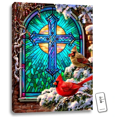 Glow Decor 24" x 18" Blue and Brown Cardinals Stained Glass Backlit LED Wall Art with Remote Control