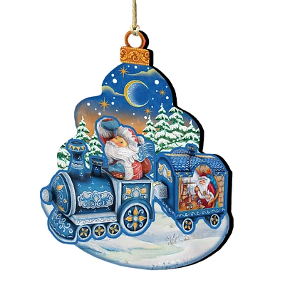 G.DeBrekht Set of 2 Santa Riding a Train Wooden Christmas Ornaments 5.5"