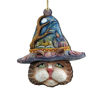 Designocracy Set of 2 Cat Witch Hat Wooden Halloween Ornaments 5.5"
