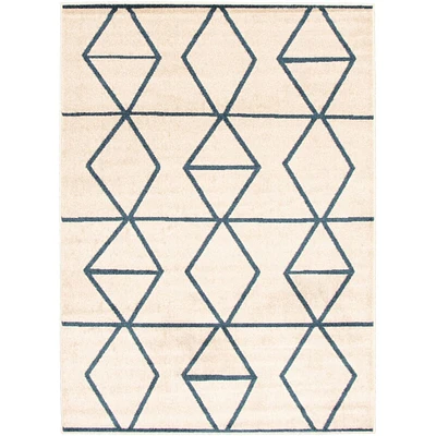 Chaudhary Living 4' x 5.5' Cream and Blue Geometric Moroccan Rectangular Area Throw Rug