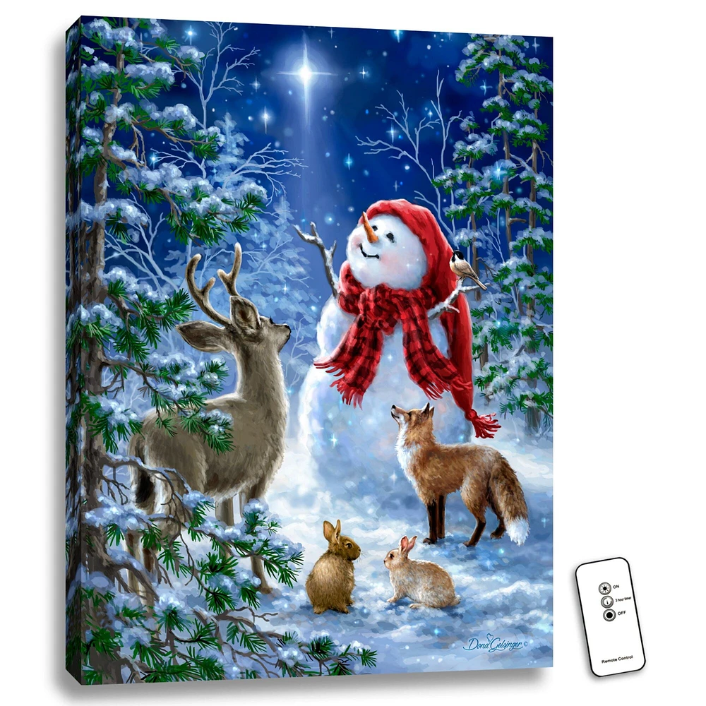 Glow Decor 24" x 18" White and Blue Christmas Snowmen Back-lit Wall Art with Remote Control