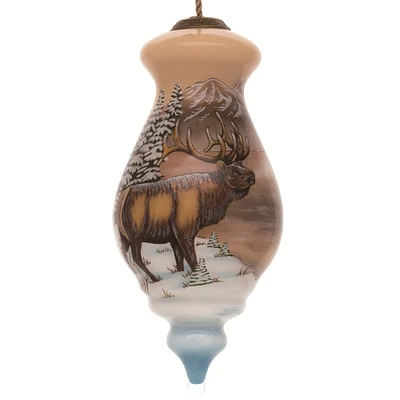 CC Christmas Decor 6” Brown and White Elk by Cabin Hand Painted Mouth Blown Glass Hanging Christmas Ornament