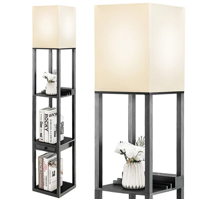 Gymax Modern Floor Lamp w/ Shelves and Drawer,Shelf Floor Lamp w/ Adjustable Brightness