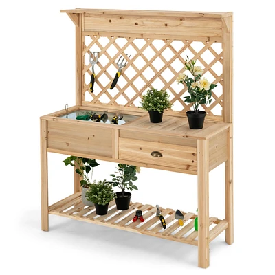 Gymax Wood Raised Garden Bed w/ Trellis Elevated Planter Box w/ Storage Shelf and Drawer