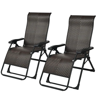 Gymax 2PCS Patio Rattan Zero Gravity Lounge Chair Folding Recliner Adjustable Headrest