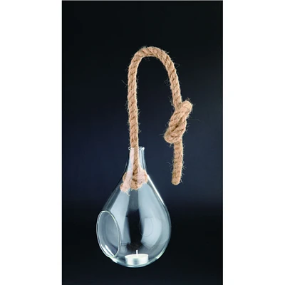 CC Home Furnishings 9" Clear and Brown Hanging Tealight Holder with Jute Rope