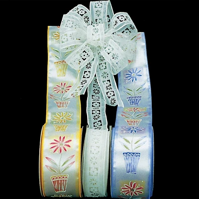 The Ribbon People Light Blue Satin Potted Flower Print Wire Craft Ribbon 2.5" x 20 Yards