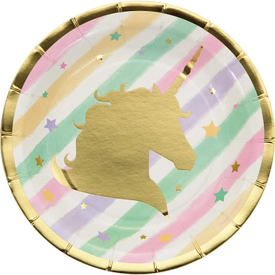 Party Central Club Pack of 96 Mint Green and Classic Pink Unicorn Sparkle Luncheon Plates 7"