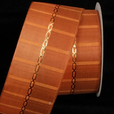 The Ribbon People Orange and Gold Link Printed Wired Craft Ribbon 2.5" x 27 Yards