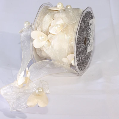 The Ribbon People Ivory Organdy Hearts and Pearls Wired Craft Ribbon 1" x 20 Yards