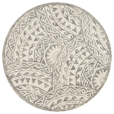 Laddha Home Designs 6' Gray and Ivory Geometric Waves Hand Tufted Round Wool Area Throw Rug