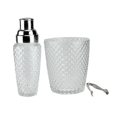 Wild Eye Set of 3 Diamond Cut Handcrafted Clear Cocktail Shaker with Bucket and Tong 9.5"
