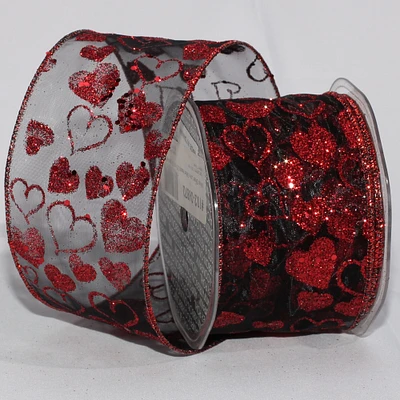 The Ribbon People Sheer Black and Red Love Glittered Hearts Wired Craft Ribbon 2.5" x 27 Yards