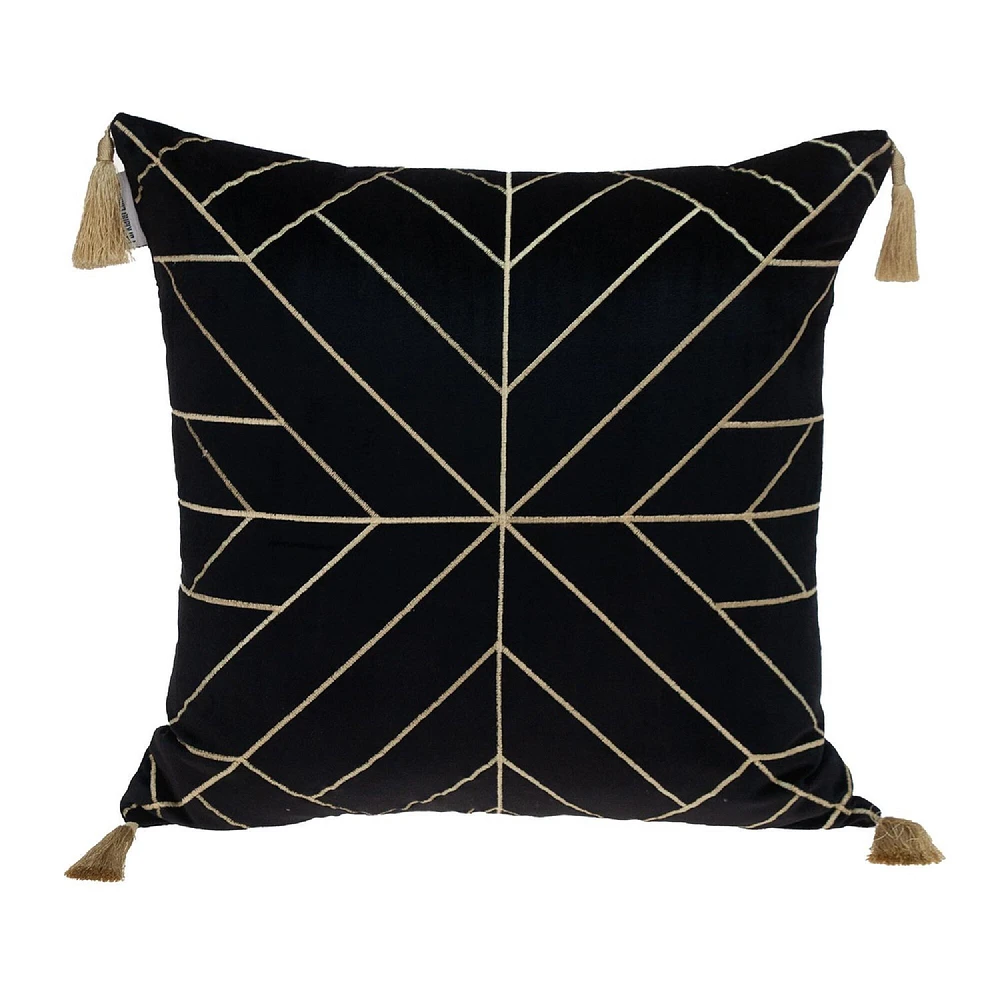 Nassau Collection 20" Black and Gold Geometric Pattern Throw Pillow with Tassels