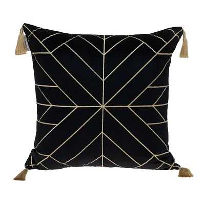 Nassau Collection 20" Black and Gold Geometric Pattern Throw Pillow with Tassels