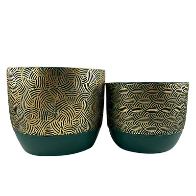 Kingston Living Set of 2 Green and Gold Two Toned Swirl Planters 15"