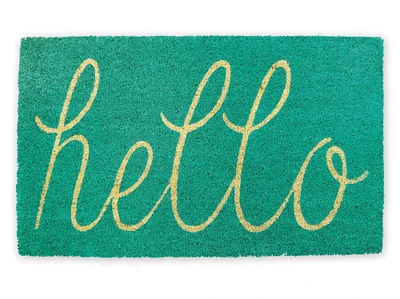 Contemporary Home Living 18" x 30" Teal Green and Yellow Rectangular Durable and Non-Slip Doormat with "Aqua Hello" Design