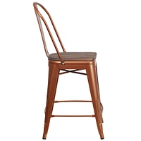 Merrick Lane Sarah 24" Metal Indoor-Outdoor Counter Stool with Vertical Slat Back, Integrated Footrest and Wood Seat